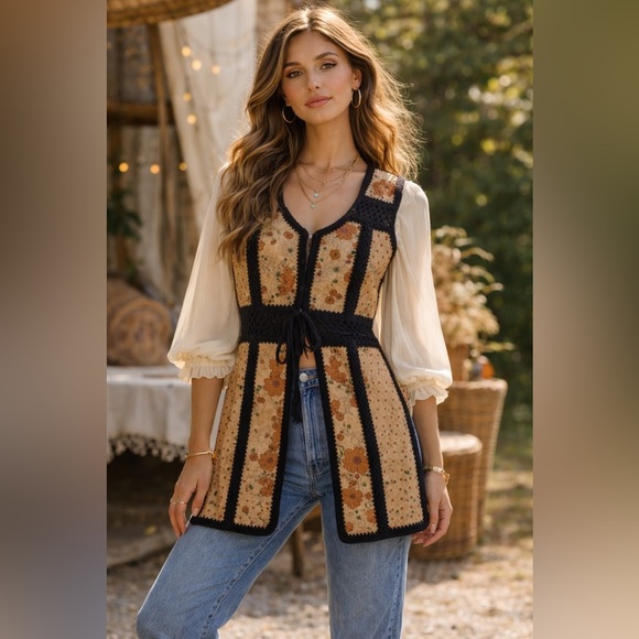 Tarri Other - Vintage 70s Tarri Boho Leather Floral Crochet Knit Vest Hippie Folk Festival M